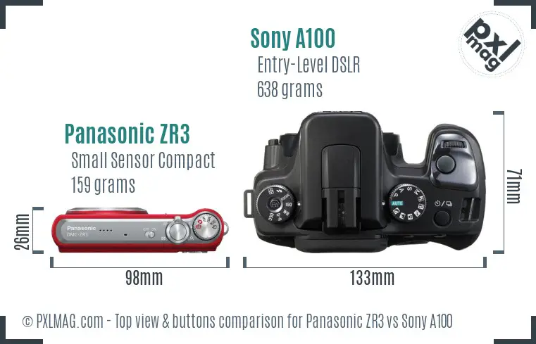 Panasonic ZR3 vs Sony A100 top view buttons comparison
