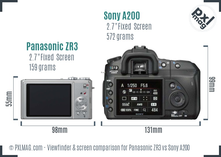 Panasonic ZR3 vs Sony A200 Screen and Viewfinder comparison