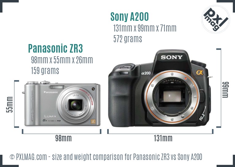 Panasonic ZR3 vs Sony A200 size comparison