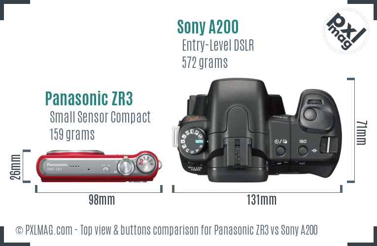 Panasonic ZR3 vs Sony A200 top view buttons comparison