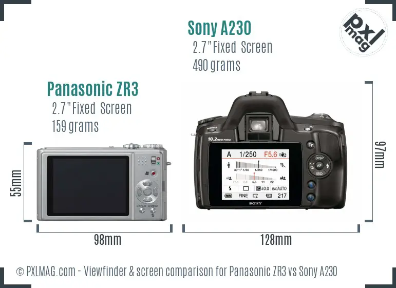 Panasonic ZR3 vs Sony A230 Screen and Viewfinder comparison