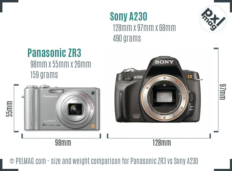Panasonic ZR3 vs Sony A230 size comparison