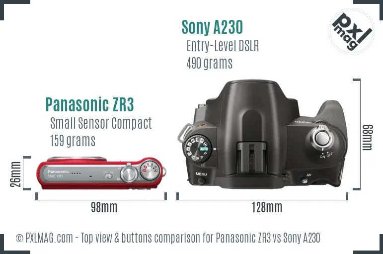 Panasonic ZR3 vs Sony A230 top view buttons comparison