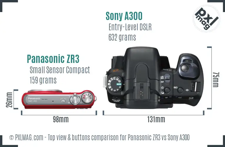 Panasonic ZR3 vs Sony A300 top view buttons comparison
