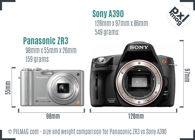 Panasonic ZR3 vs Sony A390 size comparison