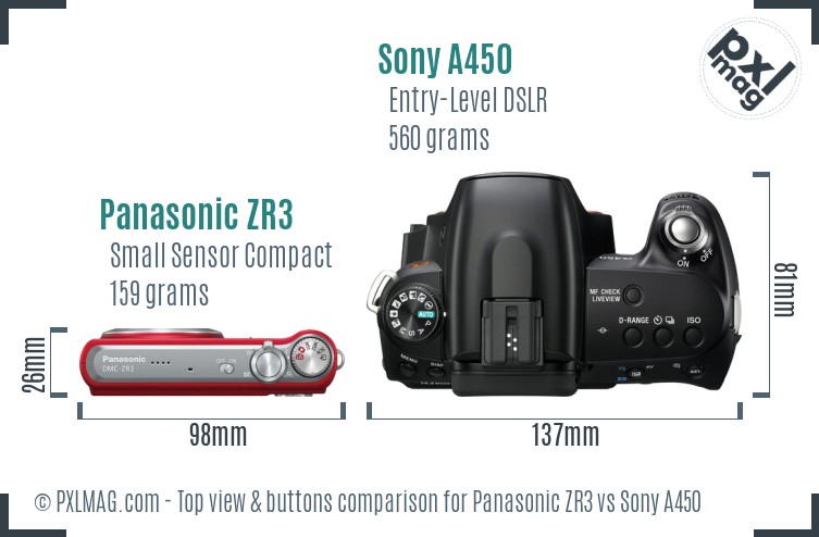 Panasonic ZR3 vs Sony A450 top view buttons comparison