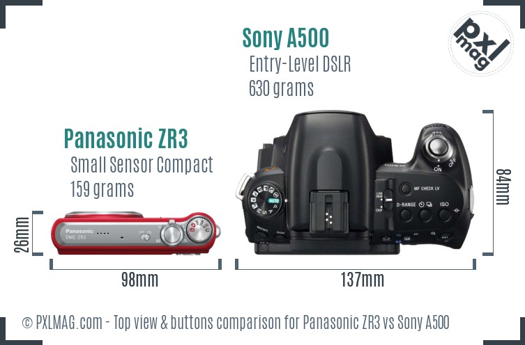 Panasonic ZR3 vs Sony A500 top view buttons comparison