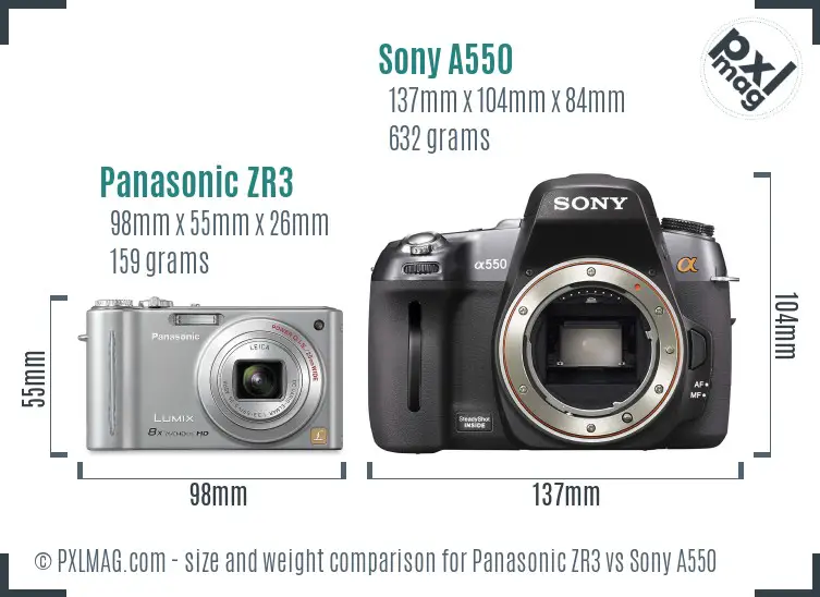 Panasonic ZR3 vs Sony A550 size comparison