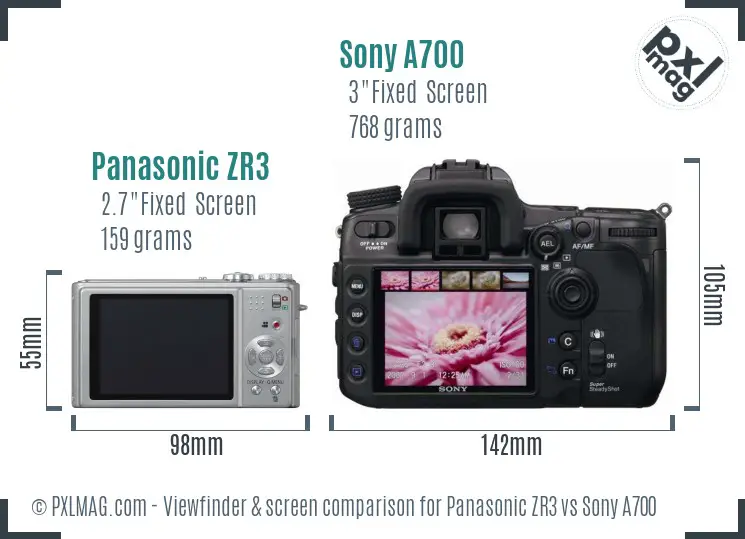 Panasonic ZR3 vs Sony A700 Screen and Viewfinder comparison Panasonic ZR3 vs Sony A700 Screen and Viewfinder comparison