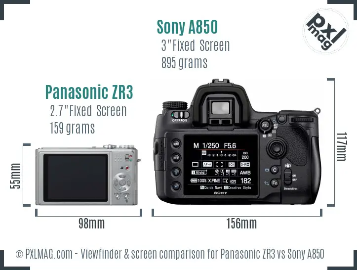 Panasonic ZR3 vs Sony A850 Screen and Viewfinder comparison