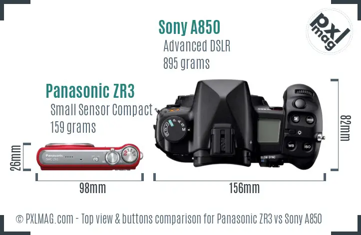 Panasonic ZR3 vs Sony A850 top view buttons comparison