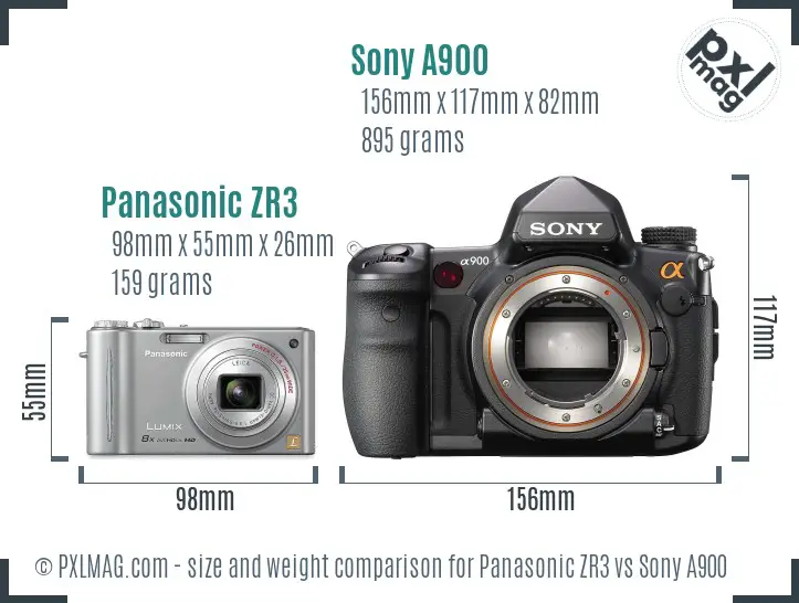 Panasonic ZR3 vs Sony A900 size comparison