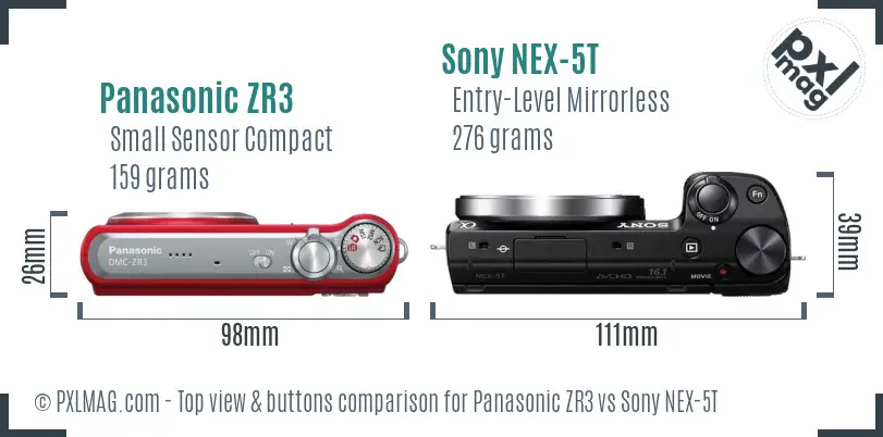 Panasonic ZR3 vs Sony NEX-5T top view buttons comparison Panasonic ZR3 vs Sony NEX-5T top view buttons comparison
