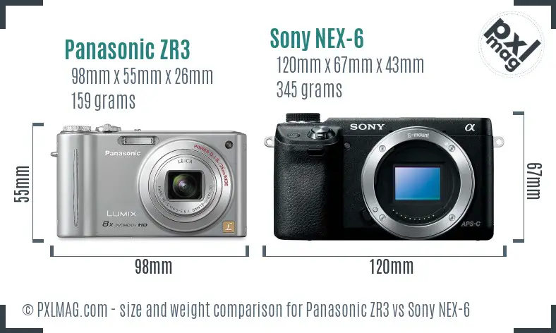 Panasonic ZR3 vs Sony NEX-6 size comparison