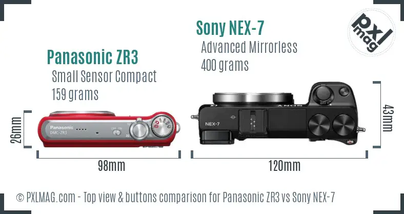 Top view of Panasonic ZR3 and Sony NEX-7 showing control layouts