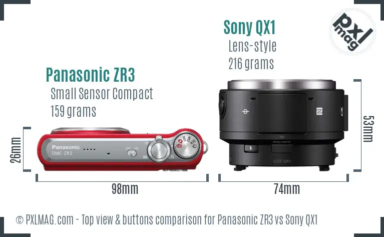 Panasonic ZR3 vs Sony QX1 top view buttons comparison