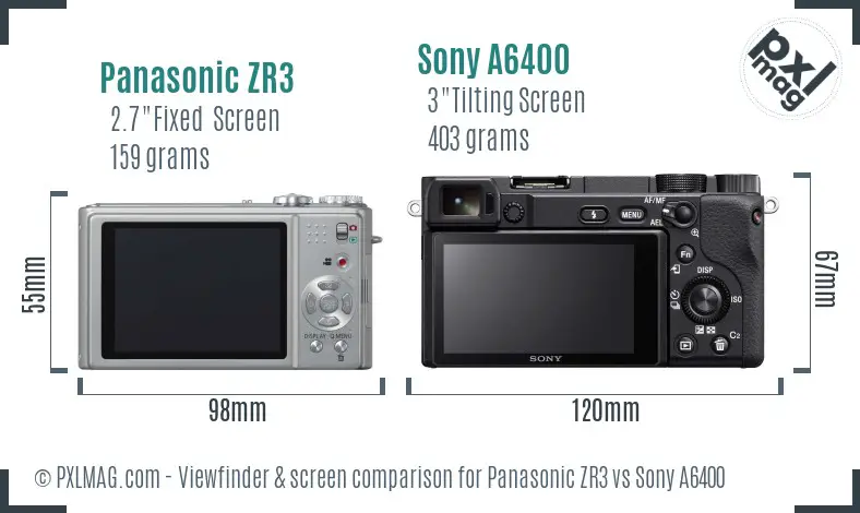 Panasonic ZR3 vs Sony A6400 Screen and Viewfinder comparison