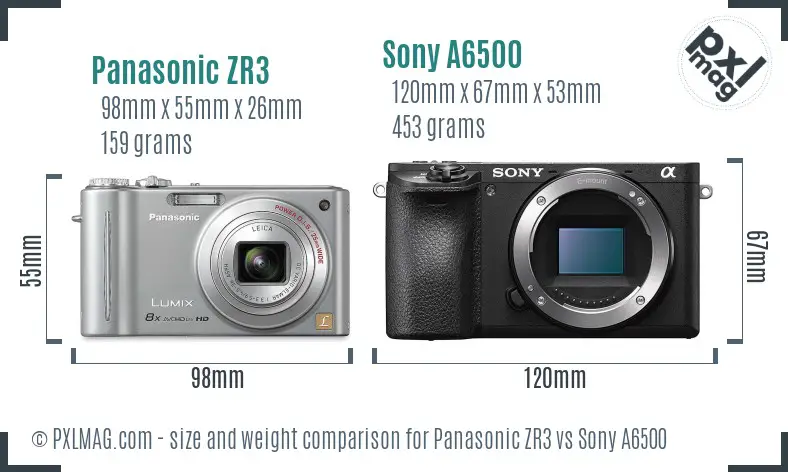 Panasonic ZR3 vs Sony A6500 size comparison