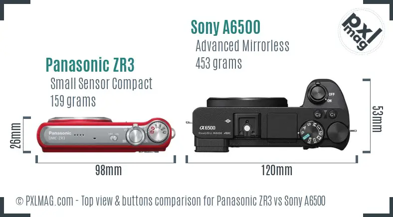 Panasonic ZR3 vs Sony A6500 top view buttons comparison