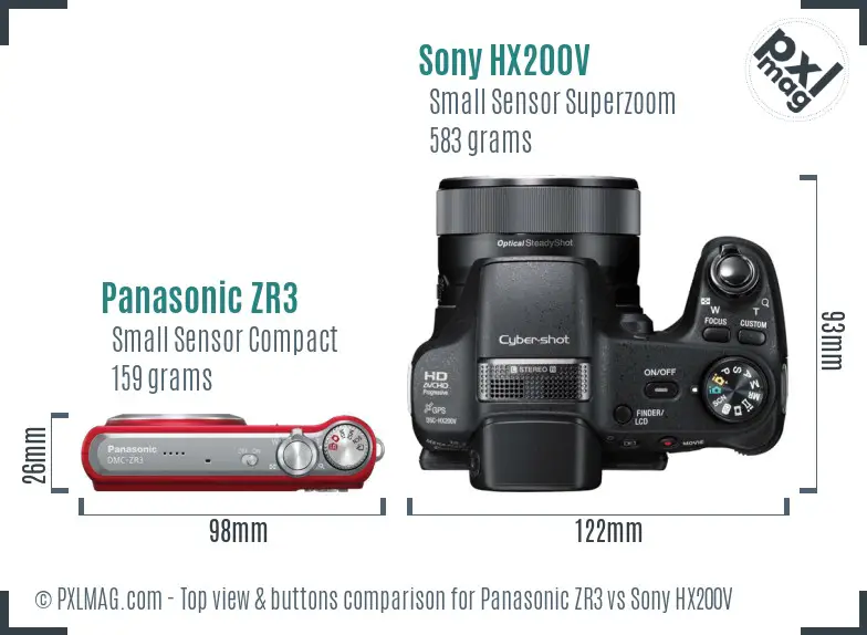 Panasonic ZR3 vs Sony HX200V top view buttons comparison