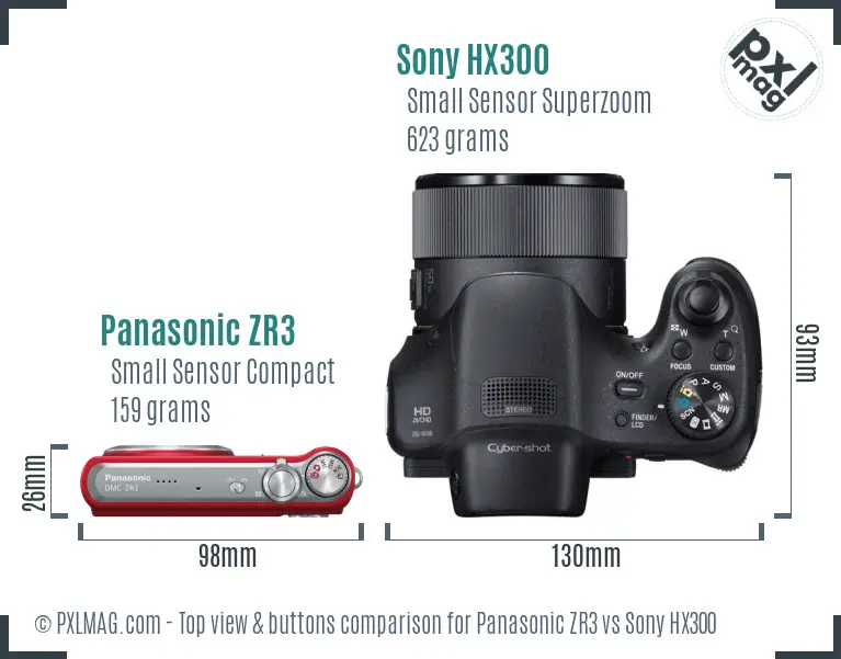 Panasonic ZR3 vs Sony HX300 top view buttons comparison
