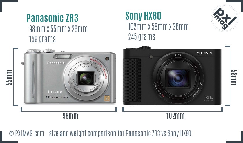 Panasonic ZR3 vs Sony HX80 size comparison