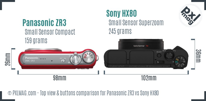 Panasonic ZR3 vs Sony HX80 top view buttons comparison