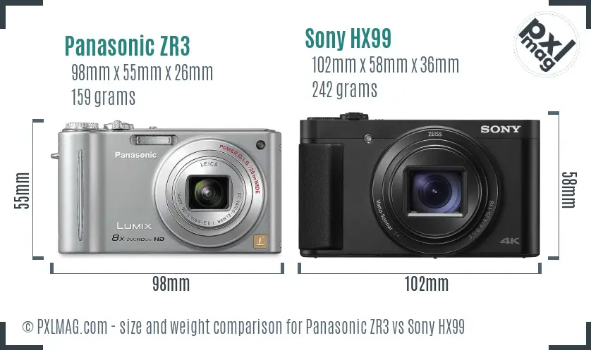 Panasonic ZR3 vs Sony HX99 size comparison
