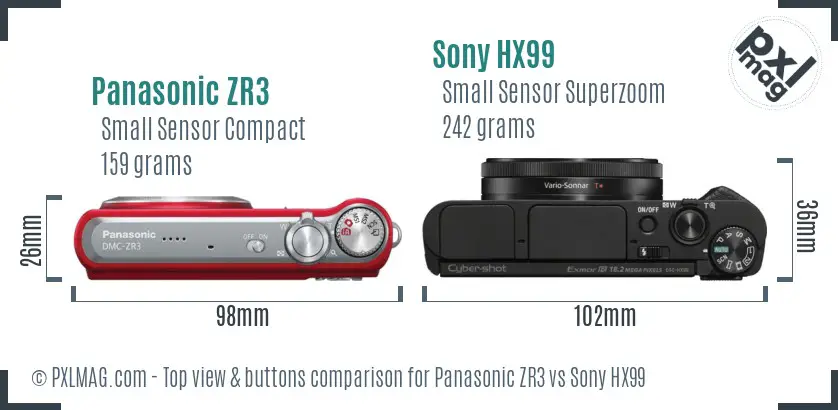 Panasonic ZR3 vs Sony HX99 top view buttons comparison