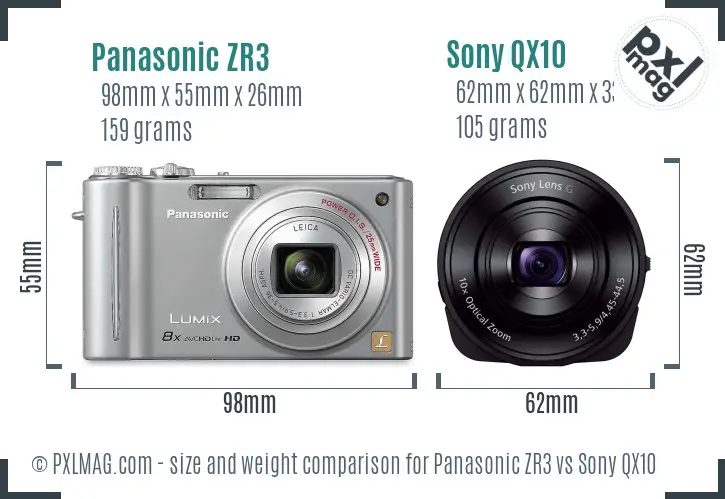 Side-by-side size comparison of Panasonic ZR3 and Sony QX10