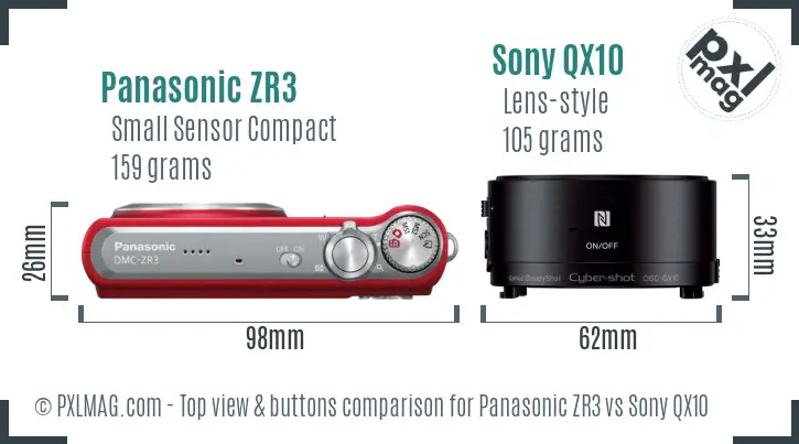 Top view comparison showing button layouts on Panasonic ZR3 and Sony QX10