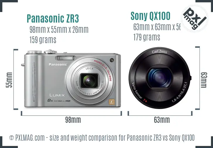 Panasonic ZR3 vs Sony QX100 size comparison