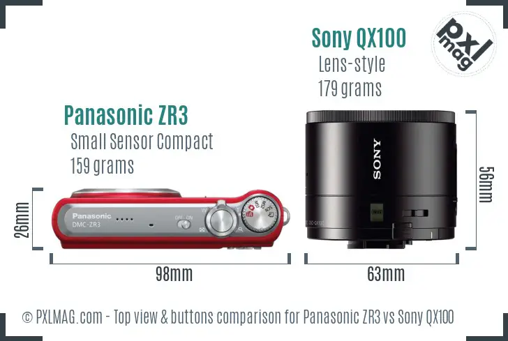 Panasonic ZR3 vs Sony QX100 top view buttons comparison