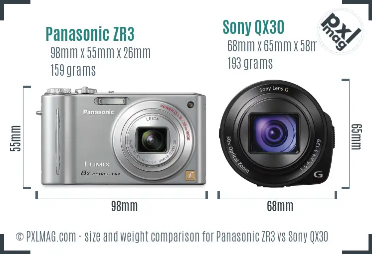 Panasonic ZR3 vs Sony QX30 size comparison