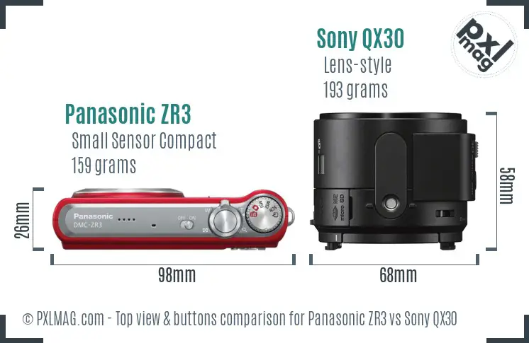 Panasonic ZR3 vs Sony QX30 top view buttons comparison