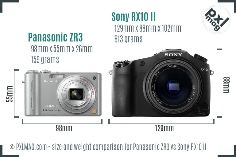 Panasonic ZR3 vs Sony RX10 II size comparison