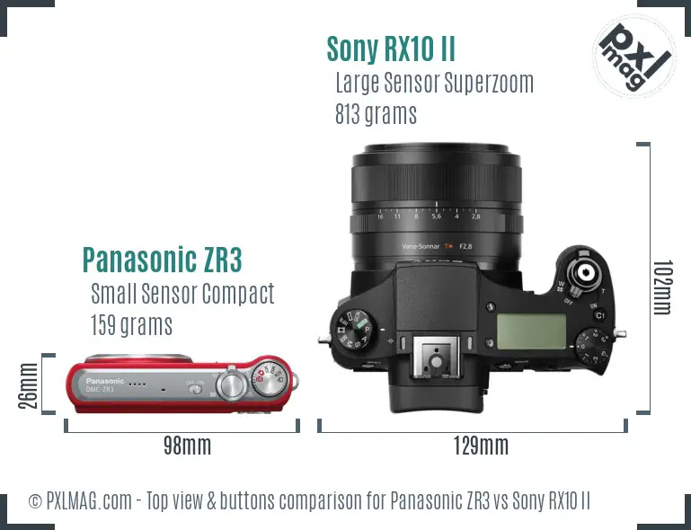 Panasonic ZR3 vs Sony RX10 II top view buttons comparison