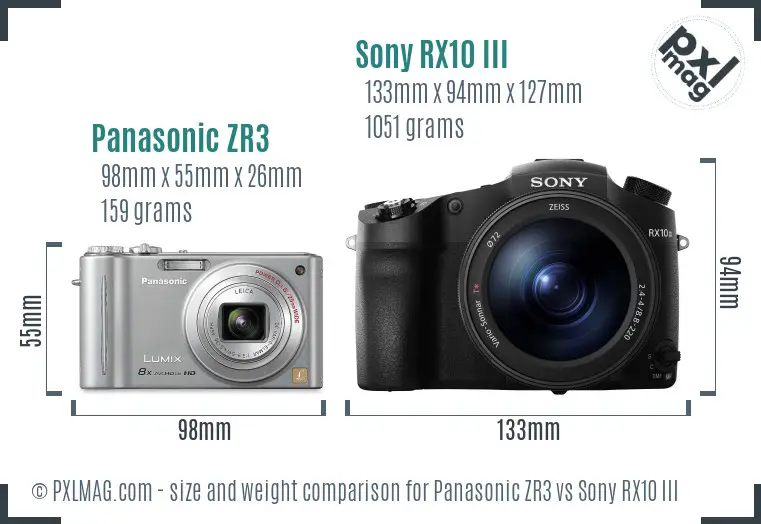 Panasonic ZR3 vs Sony RX10 III size comparison