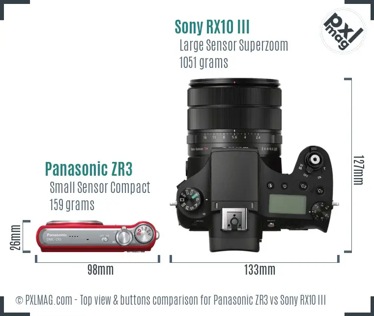 Panasonic ZR3 vs Sony RX10 III top view buttons comparison