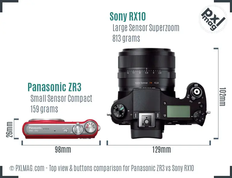 Panasonic ZR3 vs Sony RX10 top view buttons comparison