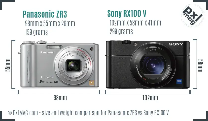 Panasonic ZR3 vs Sony RX100 V size comparison