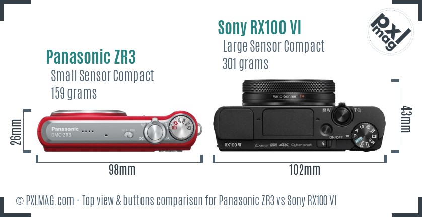 Panasonic ZR3 vs Sony RX100 VI top view buttons comparison