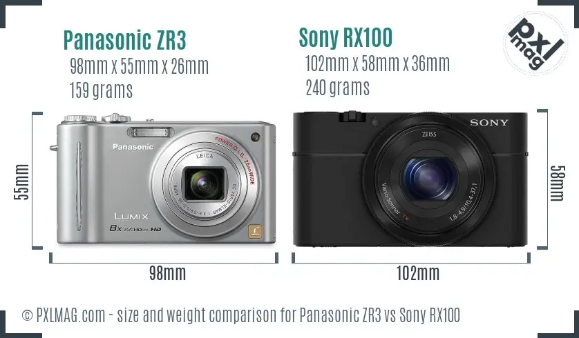 Panasonic ZR3 vs Sony RX100 size comparison