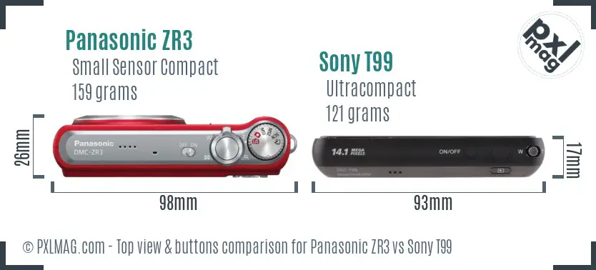 Panasonic ZR3 vs Sony T99 top view buttons comparison Panasonic ZR3 vs Sony T99 top view buttons comparison