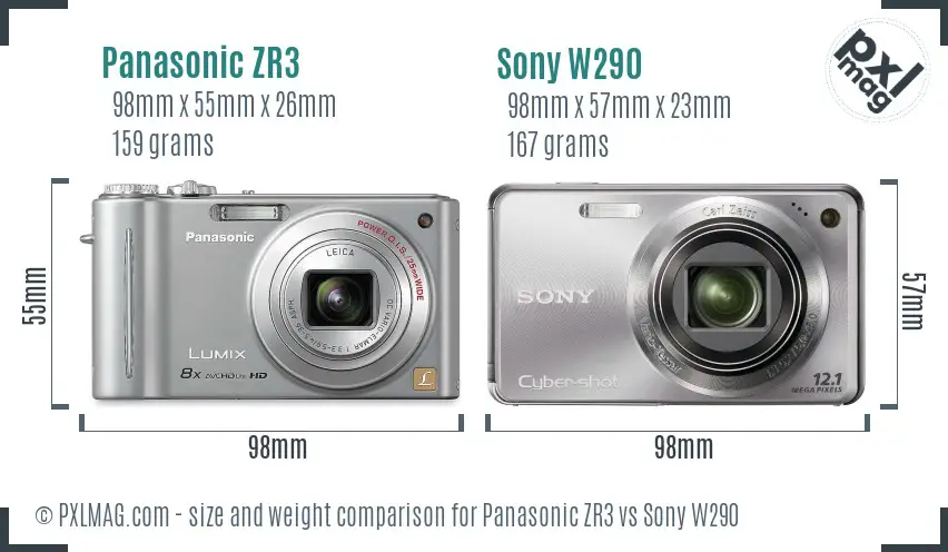 Panasonic ZR3 vs Sony W290 size comparison