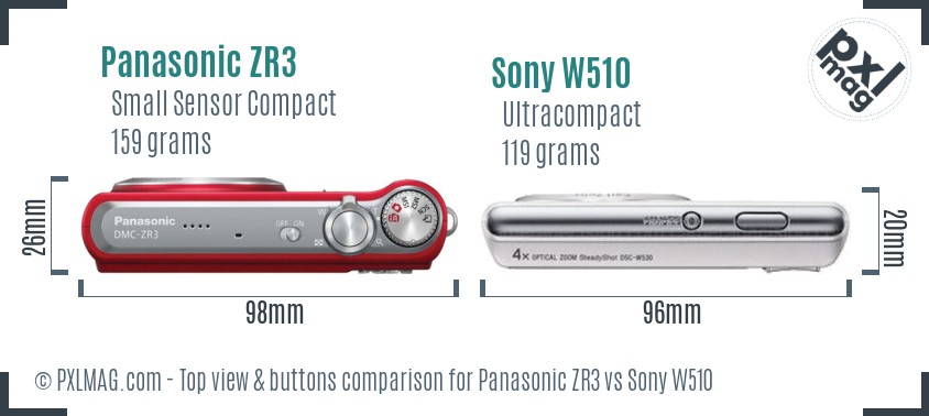 Panasonic ZR3 vs Sony W510 top view buttons comparison