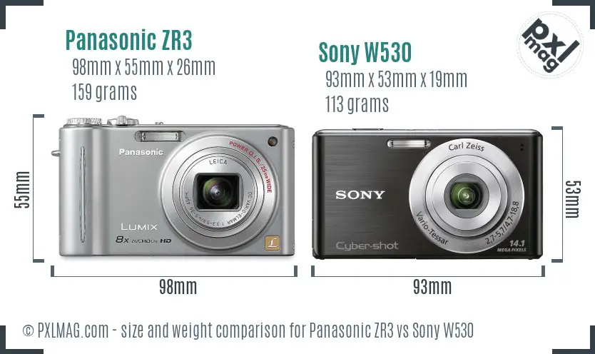 Panasonic ZR3 vs Sony W530 size comparison