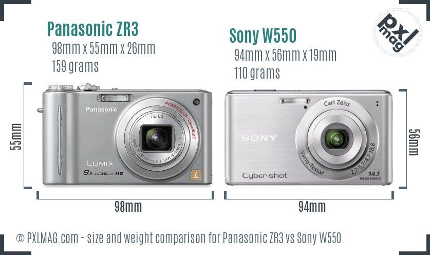 Panasonic ZR3 vs Sony W550 size comparison