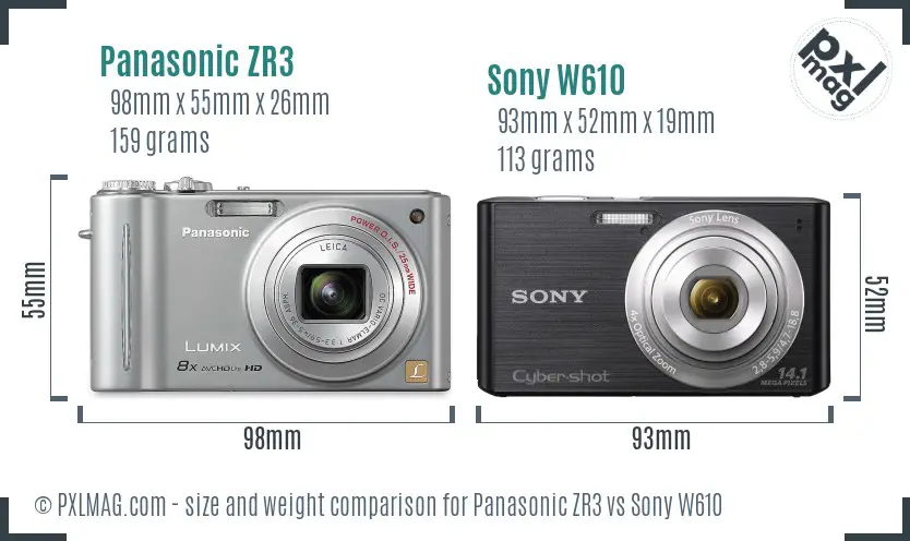 Panasonic ZR3 vs Sony W610 size comparison
