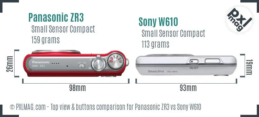 Panasonic ZR3 vs Sony W610 top view buttons comparison